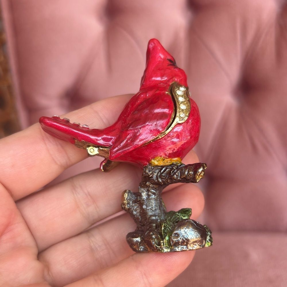 Jeweled Red Cardinal Trinket Box – Enamel Hinged Bird on Branch - Picture 3 of 5